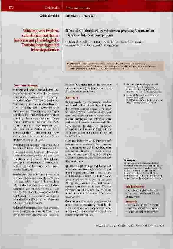 Vorschauseite 1: Wirkung von Erythrozytenkonzentrat-Transfusionen auf physiologische Transfusionstrigger bei Intensivpatienten