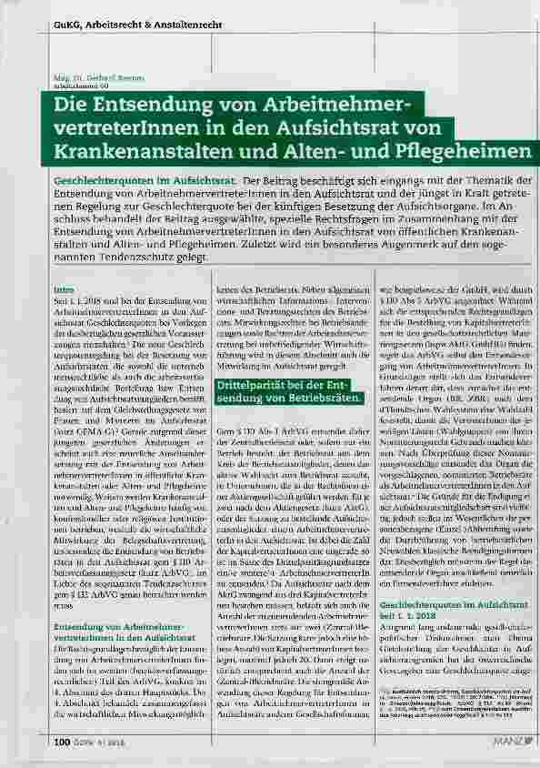 Vorschauseite 1: Die Entsendung von Arbeitnehmervertreterinnen in den Aufsichtsrat von Krankenanstalten und Altenund Pflegeheimen