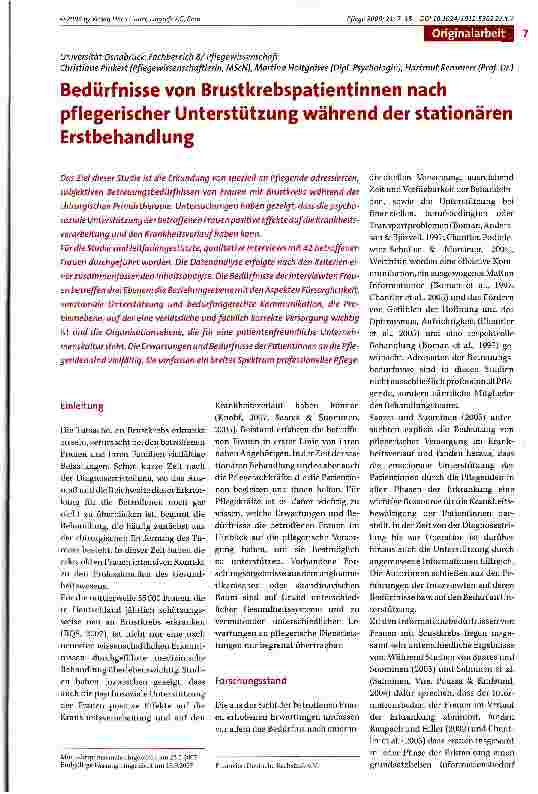 Vorschauseite 1: Bedürfnisse von Brustkrebspatientinnen nach pflegerischer Unterstützung während der stationären Erstbehandlung