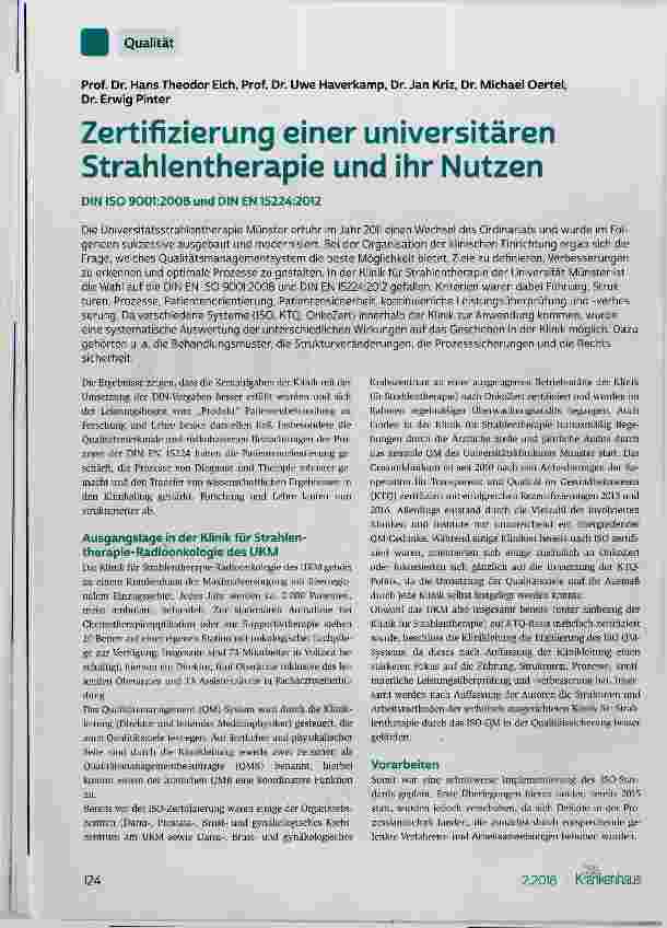 Vorschauseite 1: Zertifizierung einer universitären Strahlentherapie und ihr Nutzen