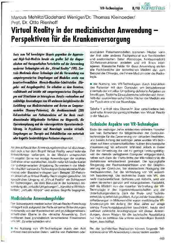 Vorschauseite 1: Virtual Reality in der medizinischen Anwendung Perspektiven für die Krankenversorgung