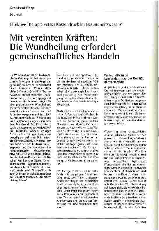 Vorschauseite 1: Effektive Therapie versus Kostendruck im Gesundheitswesen? Mit vereinten Kräften: Die Wundheilung erfordert gemeinschaftliches Handeln