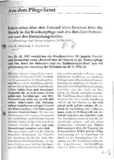Vorschauseite 1: Information über den Entwurf eines Gesetzes über die Berufe in der Krankenpflege und den Beruf der Hebamme und des Entbindungshelfers