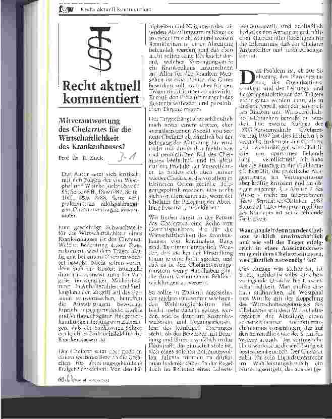 Vorschauseite 1: Recht aktuell kommentiert Mitverantwortung des Chefarztes für die Wirtschaftlichkeit des Krhs.