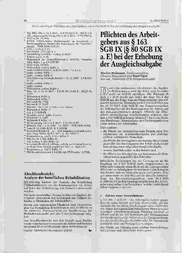 Vorschauseite 1: Pflichten des Arbeitgebers aus § 163 SGB IX (§ 80 SGB IX a. E) bei der Erhebung der Ausgleichsabgabe