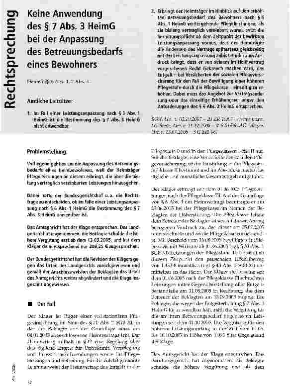 Vorschauseite 1: Keine Anwendung des § 7 Abs. 3 HeimG bei der Anpassung des Betreuungsbedarfs eines Bewohners