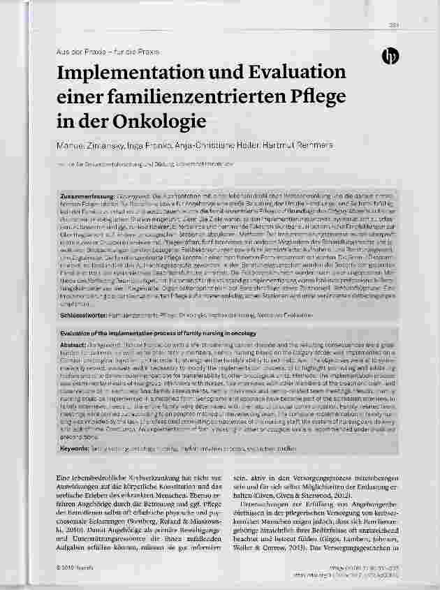 Vorschauseite 1: Implementation und Evaluation einer familienzentrierten Pflege in der Onkologie
