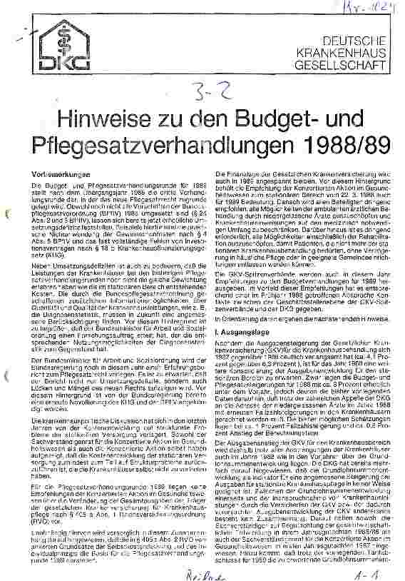 Vorschauseite 1: Hinweise zu den Butgetund Pflegesatzverhandlungen 1988/89