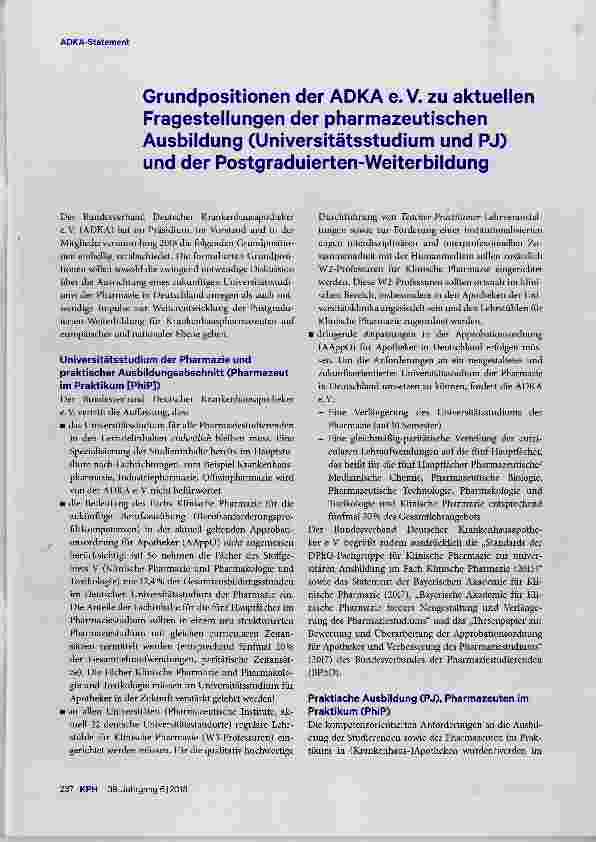 Vorschauseite 1: Grundpositionen der ADKA e. V. zu aktuellen Fragestellungen der pharmazeutischen Ausbildung (Universitätsstudium und PJ) und der Postgraduierten-Weiterbildung