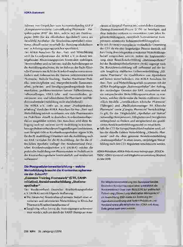 Vorschauseite 2: Grundpositionen der ADKA e. V. zu aktuellen Fragestellungen der pharmazeutischen Ausbildung (Universitätsstudium und PJ) und der Postgraduierten-Weiterbildung