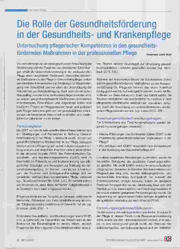 Vorschauseite 1: Die Rolle der Gesundheitsförderung in der Gesundheitsund Krankenpflege