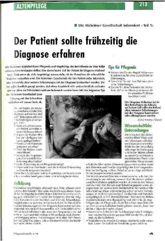 Vorschauseite 1: Die Alzheimer Gesellschaft informiert - Teil 5: Der Patient sollte frühzeitig die Diagnose erfahren