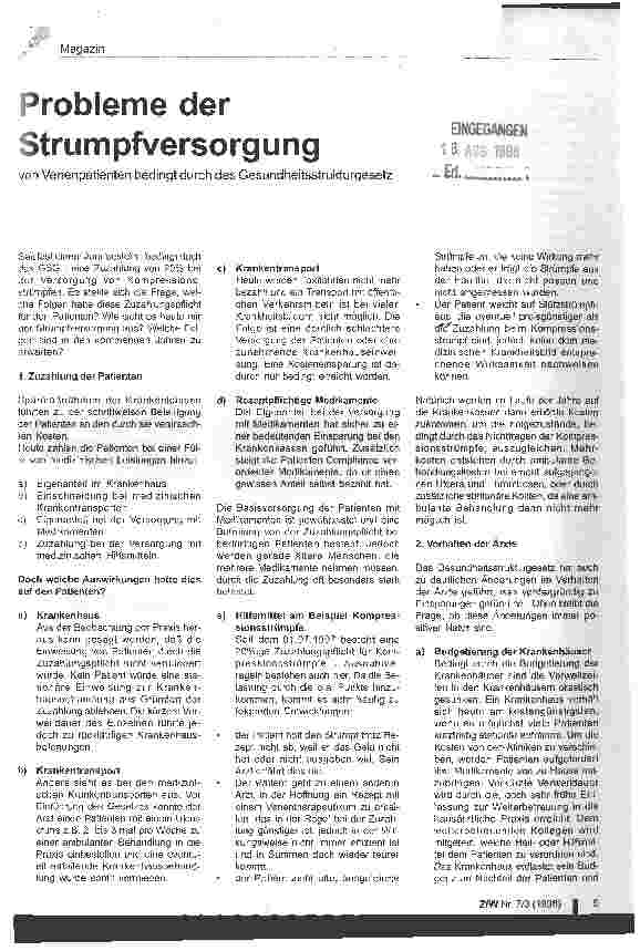 Vorschauseite 1: Probleme bei der Stumpfversorgung von Venenpatienten bedingt durch das Gesundheitsstrukturgesetz
