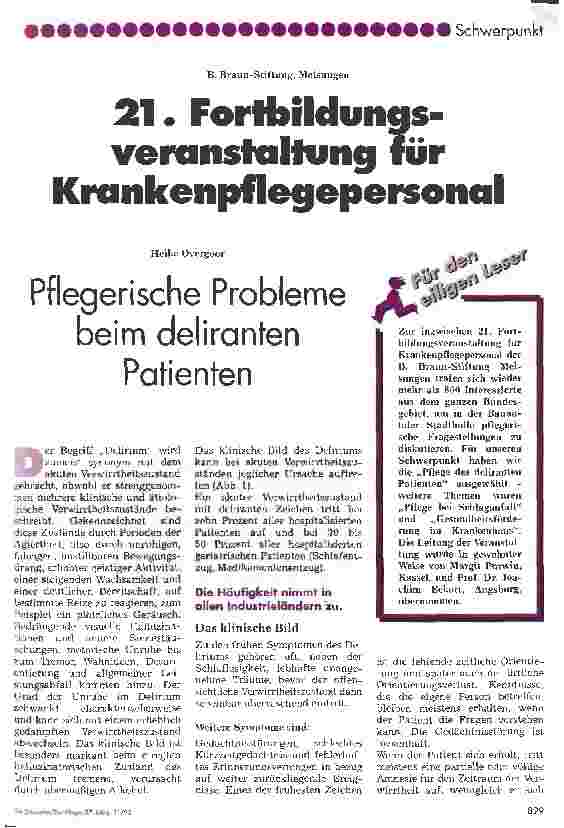 Vorschauseite 1: Pflegerische Probleme beim deliranten Patienten 21. Fortbildungsveranstaltung für Krankenpflegepersonal
