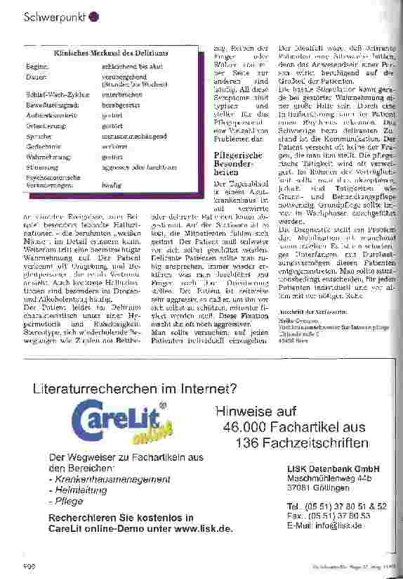 Vorschauseite 2: Pflegerische Probleme beim deliranten Patienten 21. Fortbildungsveranstaltung für Krankenpflegepersonal