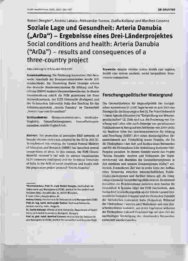 Vorschauseite 1: Soziale Lage und Gesundheit: Arteria Danubia („ArDa“) Ergebnisse eines Drei-Länderprojektes