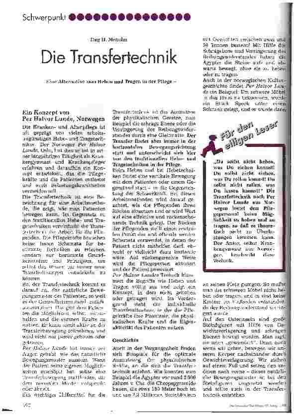 Vorschauseite 1: Die Transfertechnik Eine Alternative zum Heben und Tragen in der Pflege