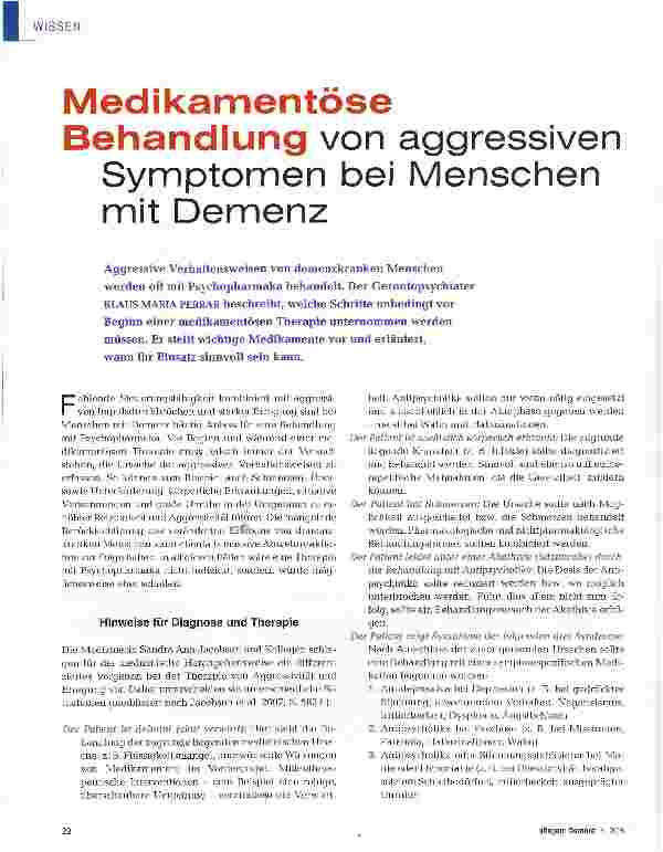 Vorschauseite 1: Medikamentöse Behandlung von aggressiven Symptomen bei Menschen mit Demenz