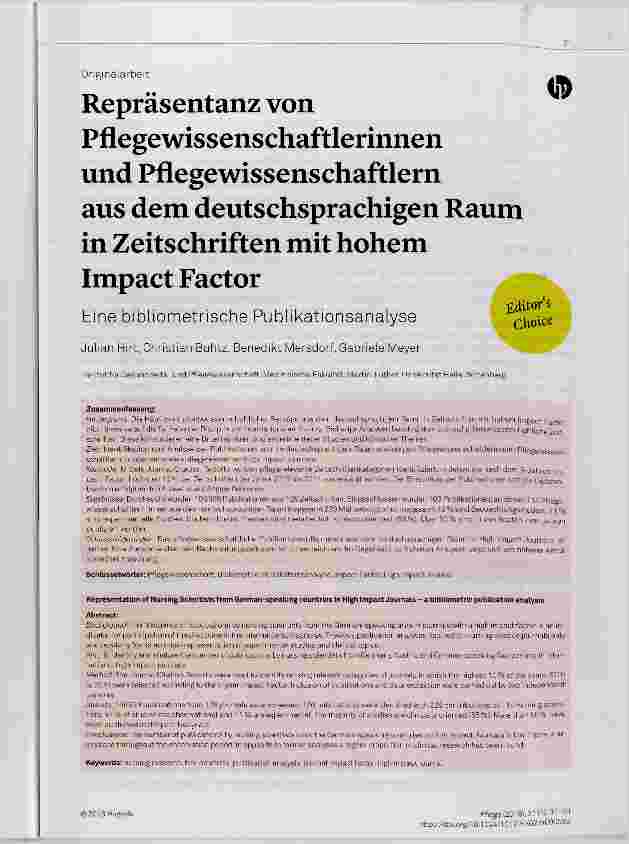 Vorschauseite 1: Repräsentanz von Pflegewissenschaftlerinnen und Pflegewissenschaftlern aus dem deutschsprachigen Raum in Zeitschriften mit hohem Impact Factor