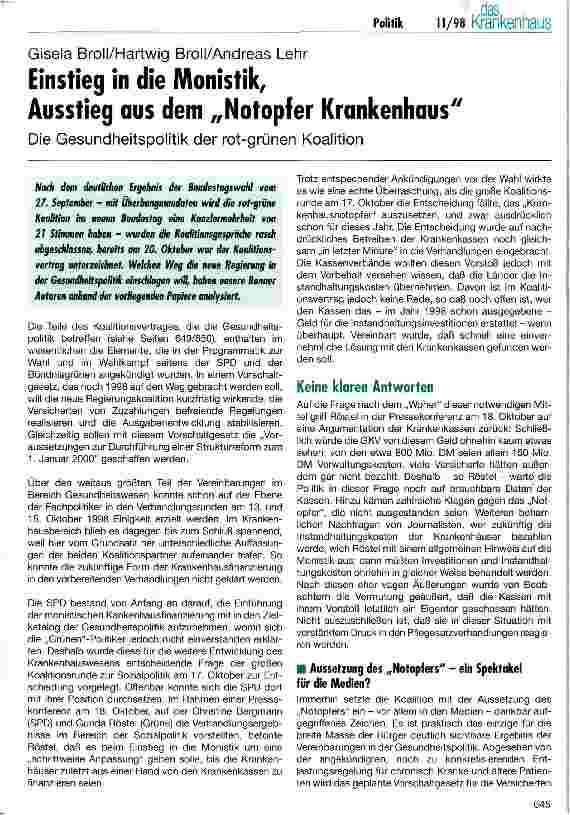 Vorschauseite 1: Einstieg in die Monistik, Ausstieg aus dem Notopfer Krankenhaus Gesundheitspolitik der rot-grünen Koalition