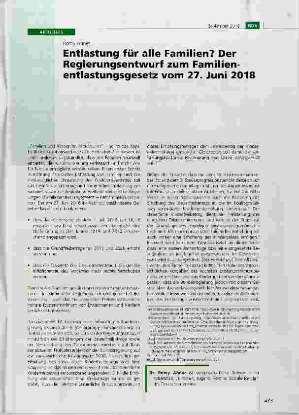Vorschauseite 1: Entlastung für alle Familien? Der Regierungsentwurf zum Familienentlastungsgesetz vom 27. Juni 2018