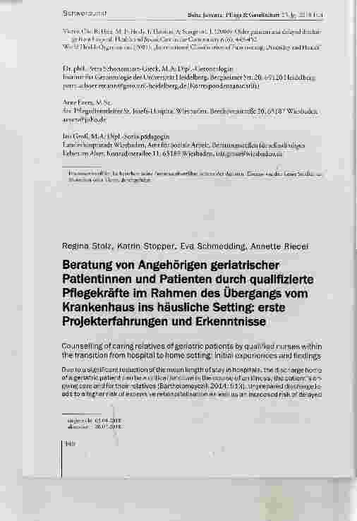 Vorschauseite 1: Beratung von Angehörigen geriatrischer Patientinnen und Patienten durch quaiifizierte Pfiegekräfte im Rahmen des Übergangs vom Krankenhaus ins häusiiehe Setting: erste Projekterfa…