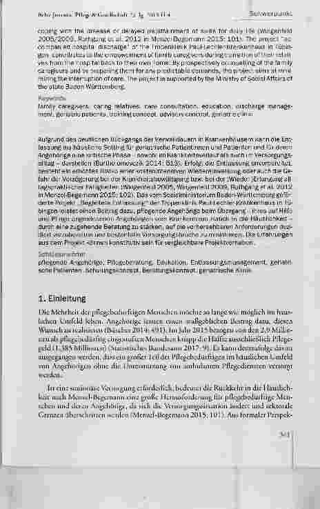 Vorschauseite 2: Beratung von Angehörigen geriatrischer Patientinnen und Patienten durch quaiifizierte Pfiegekräfte im Rahmen des Übergangs vom Krankenhaus ins häusiiehe Setting: erste Projekterfa…