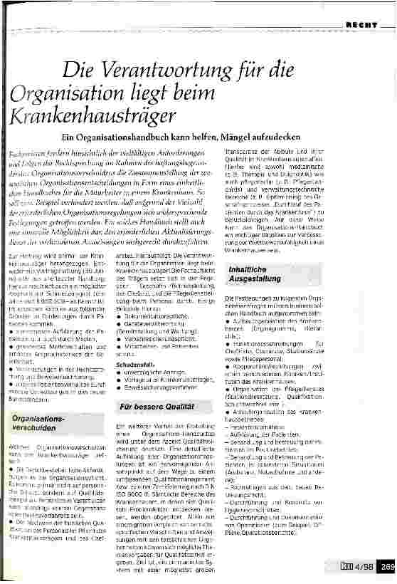 Vorschauseite 1: Die Verantwortung für die Organisation liegt beim Krankenhausträger Ein Organisationshandbuch kann helfen, Mängel aufzudecken