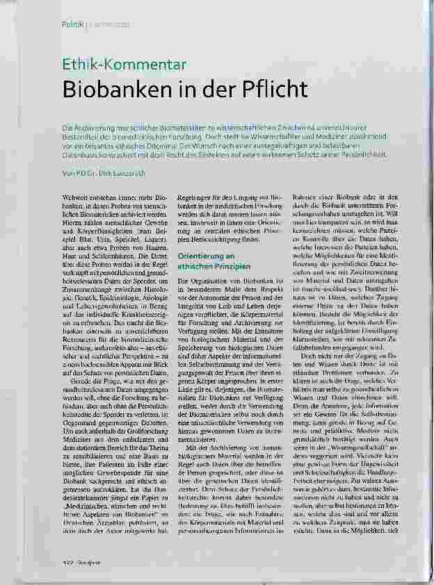 Vorschauseite 1: Biobanken in der Pflicht