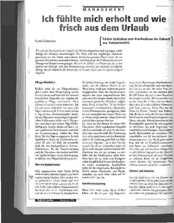 Vorschauseite 1: Ich fühlte mich erholt und wie frisch aus dem Urlaub Fiktive Gedanken zum Krankenhaus der Zukunft aus Patientensicht