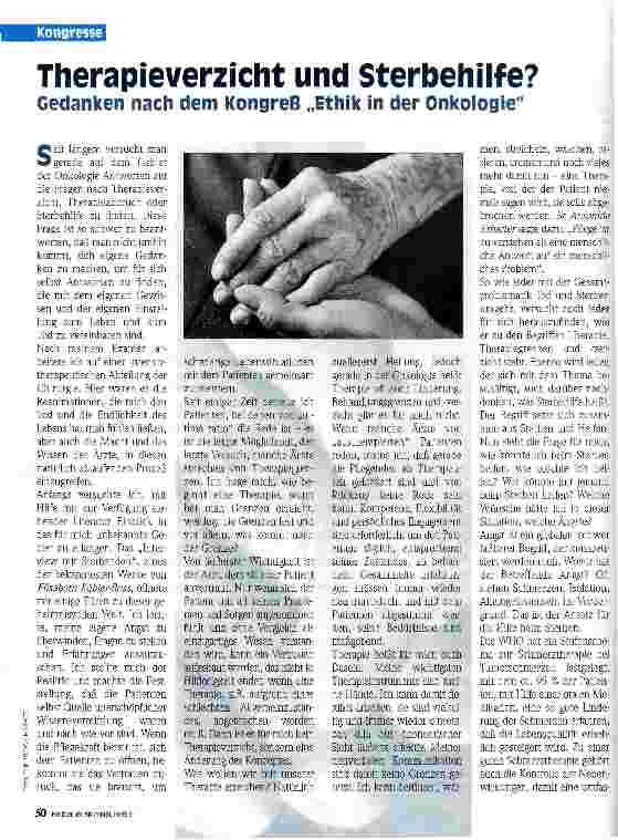 Vorschauseite 1: Therapieverzicht und Sterbehilfe? Gedanken nach dem Kongreß Ethik in der Onkologie