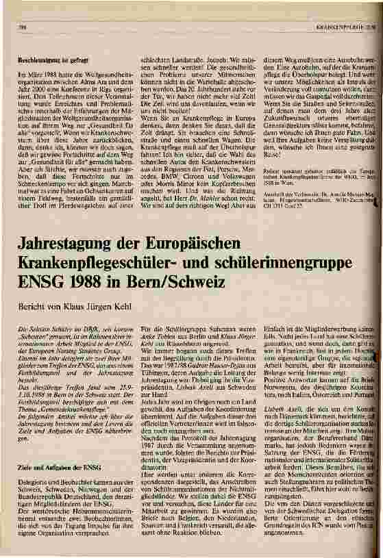 Vorschauseite 1: Jahrestagung der Europäischen Krankenpflegeschülerund schülerinnengruppe ENSG 1988 in Bern/Schweiz