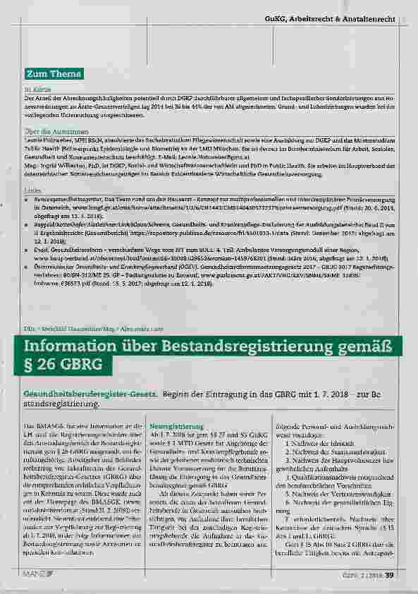 Vorschauseite 1: Information über Bestandsregistrierung gemäß § 26 GBRG