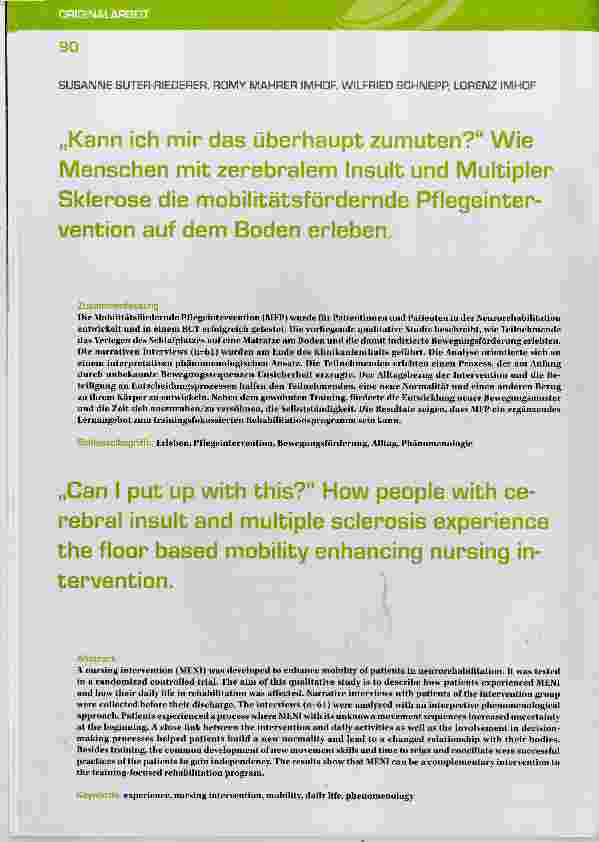 Vorschauseite 1: „Kann ich mir das überhaupt zumuten?“ Wie Menschen mit zerebralem Insult und Multipler Sklerose die mobilitätsfördernde Pflegeintervention auf dem Boden erleben.