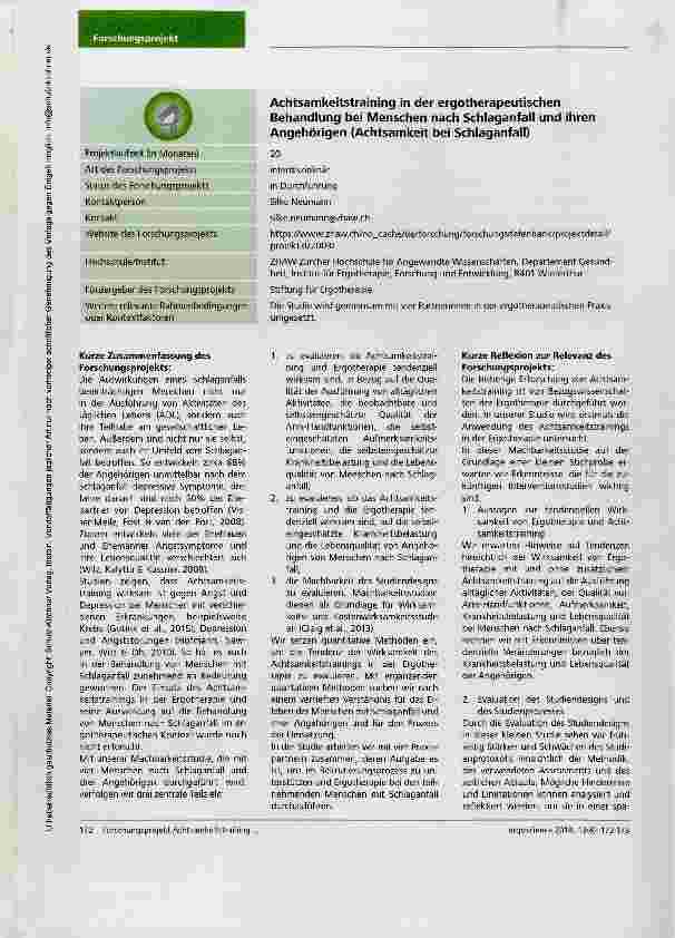 Vorschauseite 1: Achtsamkeitstraining in der ergotherapeutischen Behandlung bei Menschen nach Schlaganfall und ihren Angehörigen (Achtsamkeit bei Schlaganfall)
