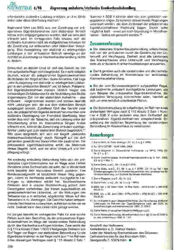 Vorschauseite 4: Zur Abgrenzung der ambulanten von der stationären Krankenhausbehandlung