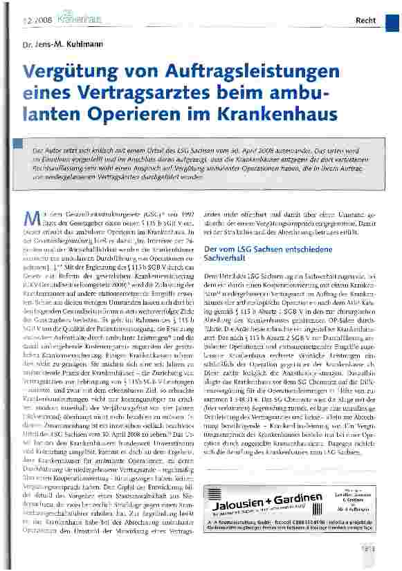 Vorschauseite 1: Vergütung von Auftragsleistungen eines Vertragsarztes beim ambulanten Operieren im Krankenhaus