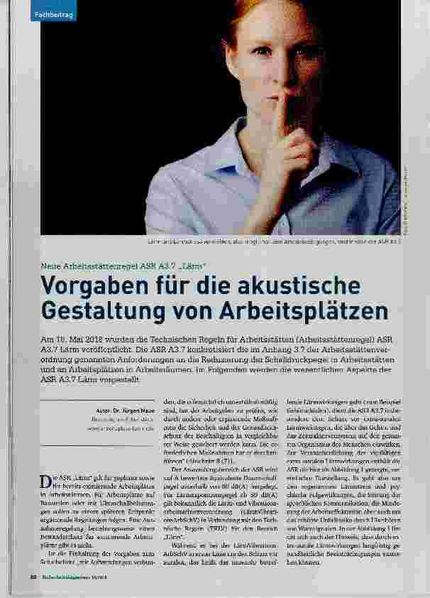 Vorschauseite 1: Vorgaben für die akustische Gestaltung von Arbeitsplätzen