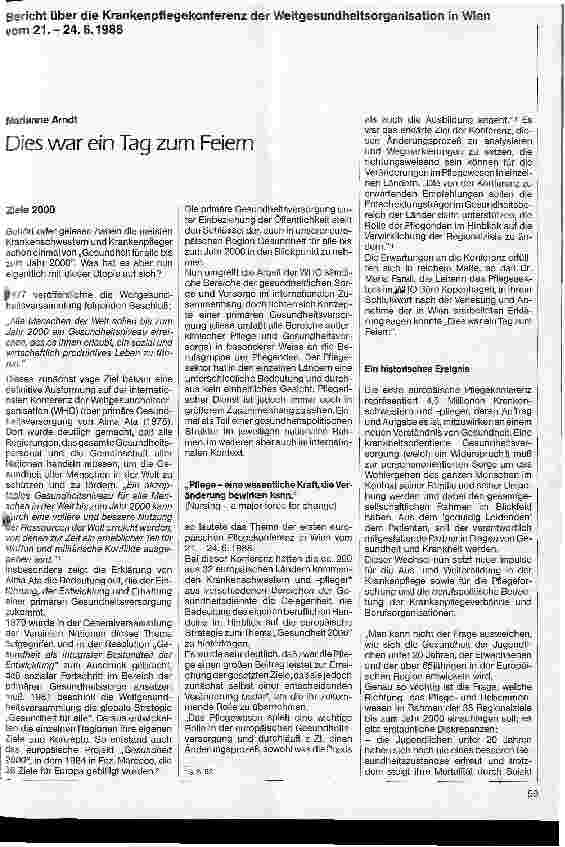 Vorschauseite 1: Das war ein Tag zum Feiern / Bericht über die Krankenpflegekonferenz der WHO in Wien ///
