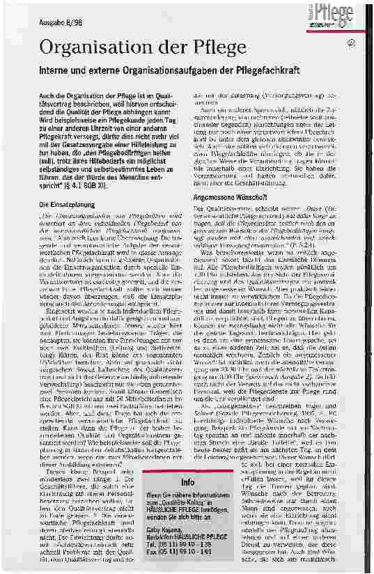 Vorschauseite 1: Organisation der Pflege Interne und externe Organisationsaufgaben der Pflegefachkraft