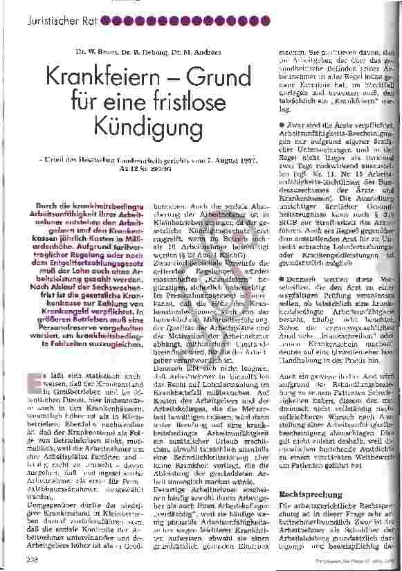 Vorschauseite 1: Krankfeiern - Grund für eine fristlose Kündigung Urteil des Hessischen Landesarbeitsgerichts vom 7. August 1997, Az 12 Sa 297/97