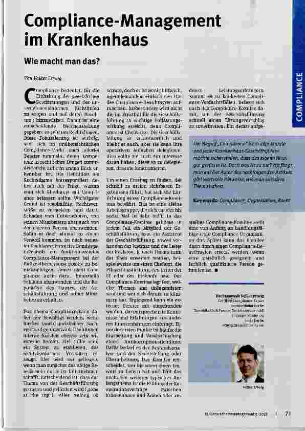 Vorschauseite 1: Compliance-Management im Krankenhaus