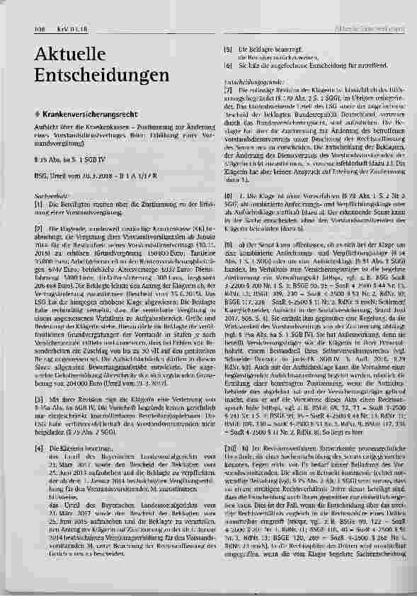 Vorschauseite 1: Krankenversicherungsrecht Aufsicht über die Krankenkassen - Zustimmung zur Änderung eines Vorstandsdienstvertrages (hier: Erhöhung einer Vorstandsvergütung)§ 35 Abs. 6a S. 1 SGB I…