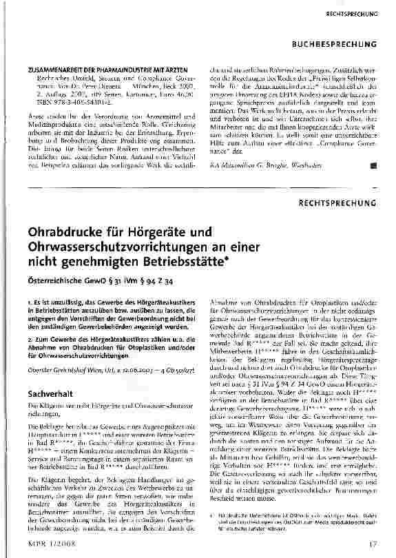 Vorschauseite 1: Ohrabdrucke für Hörgeräte und Ohrwasserschutzvorrichtungen an einer nicht genehmigten Betriebsstätte