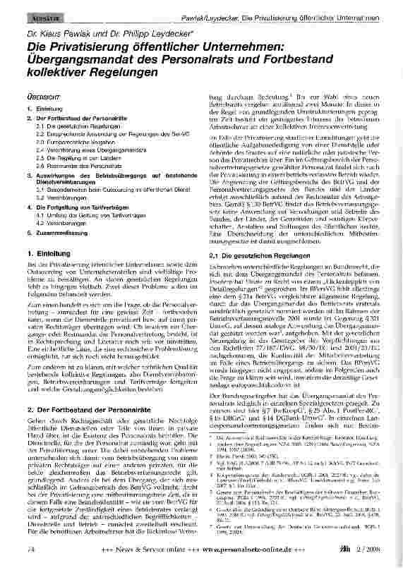 Vorschauseite 1: Die Privatisierung öffentlicher Unternehmen: Übergangsmandat des Personalrats und Fortbestand kollektiver Regelungen