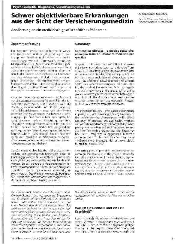 Vorschauseite 1: Schwer objektivierbare Erkrankungen aus der Sicht der Versicherungsmedizin