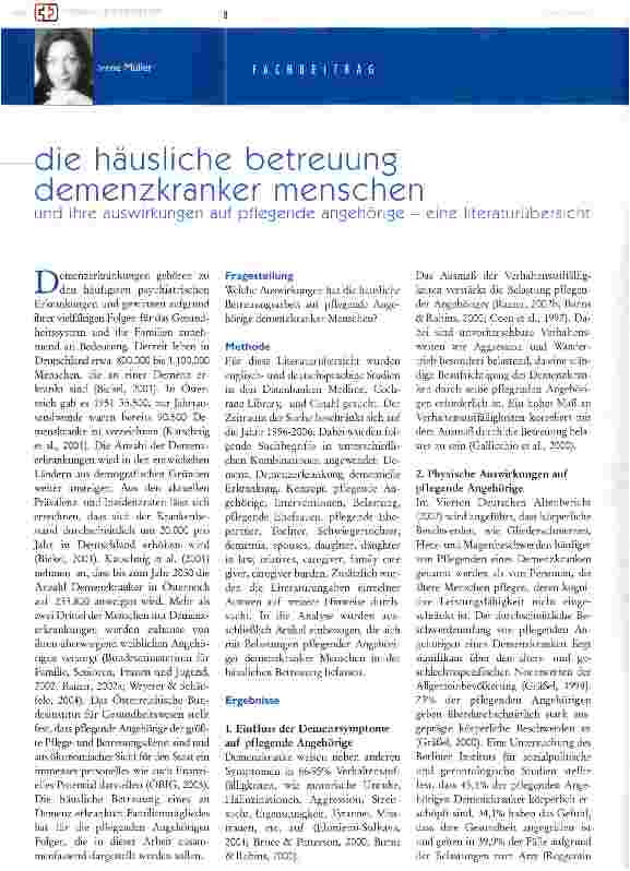 Vorschauseite 1: die häusliche betreuung demenzkranker menschen und ihre auswirkungen auf pflegende ansehörige - eine literaturübersicht