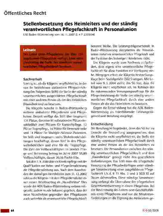 Vorschauseite 1: Stellenbesetzung des Heimleiters und der ständig verantwortlichen Pflegefachkraft in Personalunion
