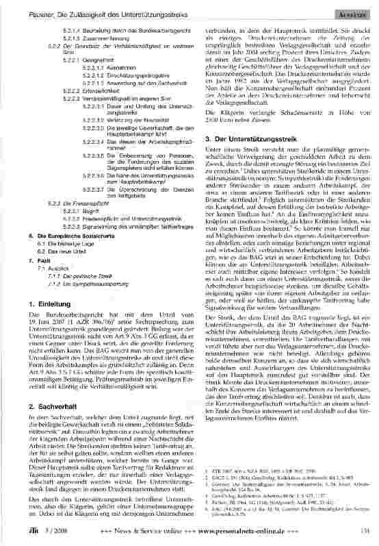 Vorschauseite 2: Die Zulässigkeit des Unterstützungsstreiks - Zum Urteil des Bundesarbeitsgerichts vom 19. Juni 2007