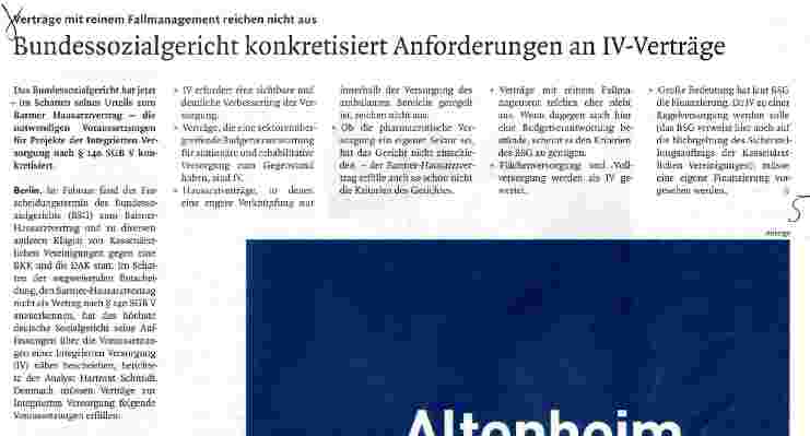 Vorschauseite 1: Bundessozialgericht konkretisiert Anforderungen an IV-Verträge